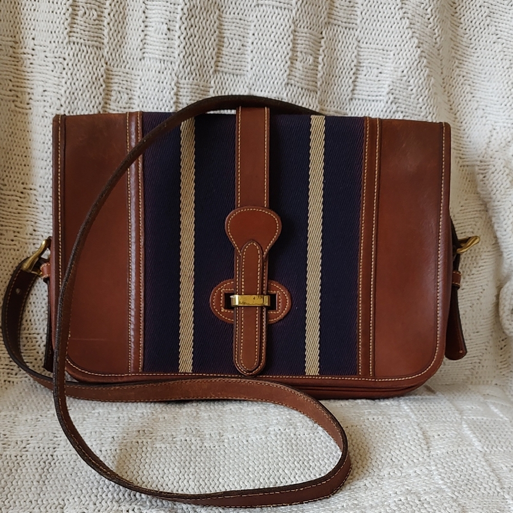 Rare Vintage Dooney & Bourke Stripe Canvas Leather Handbag Purse USA Made